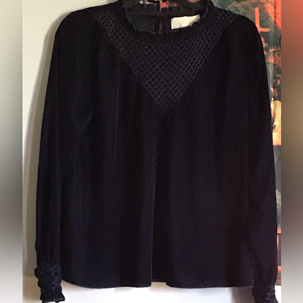 Love Sam Navy Velvet Long Sleeve Shirt Blouse Size M